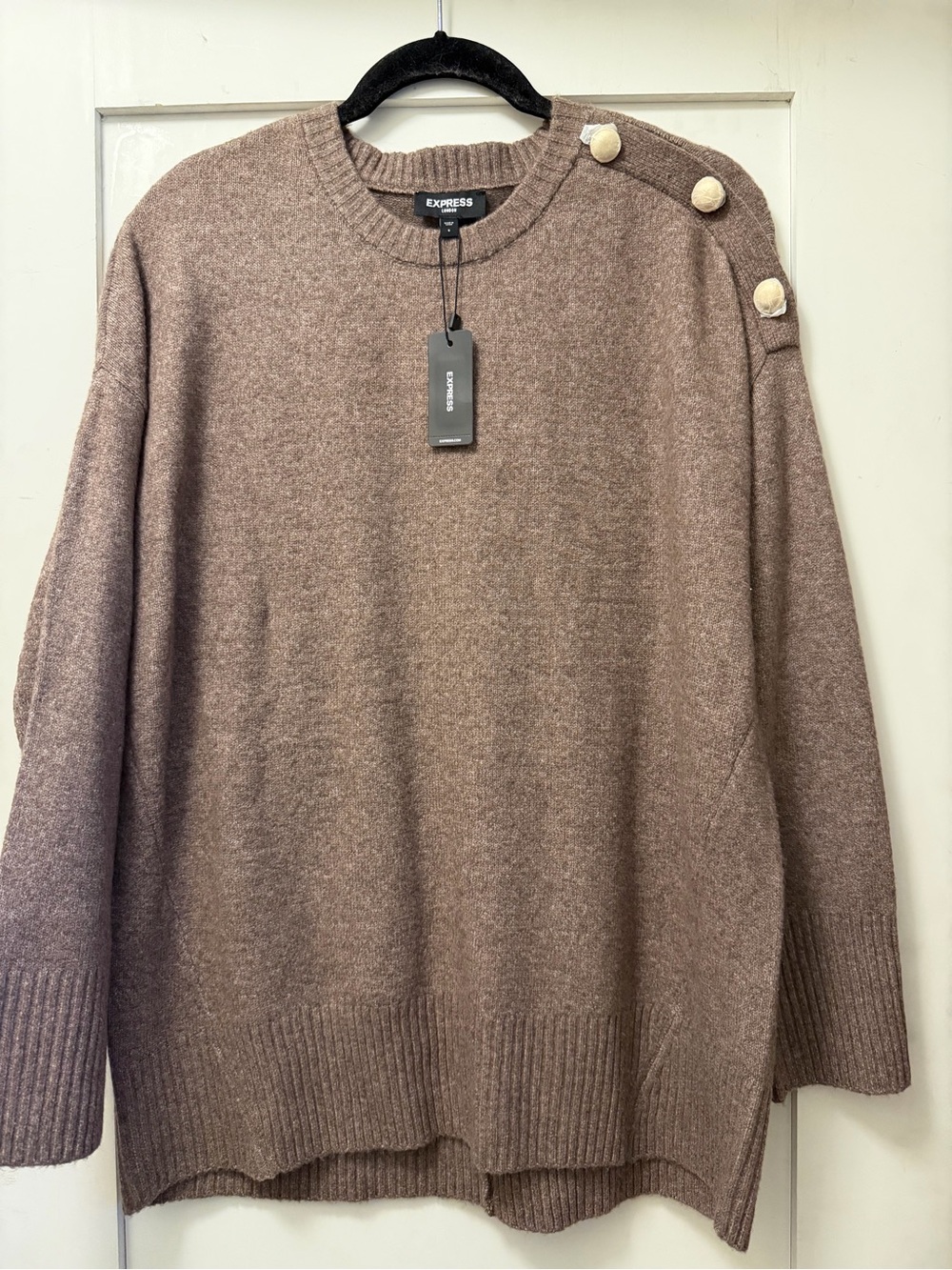 Express Women’s Taupe Brown Crewneck Oversized Sweater w/ Gold Shoulder Buttons